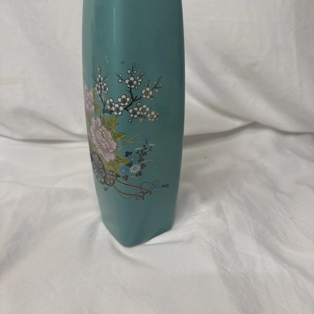 Vintage Teal Cloisonné Kutani Vase Floral Gold Gilt Flower Cart Ceramic Japan 9